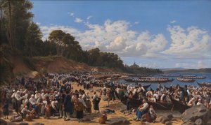 Les fidèles arrivant en bateau à l