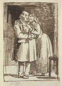 La femme flatteuse. Une femme parle intensément à son vieux mari et a les bras autour de son cou - Wilhelm Marstrand