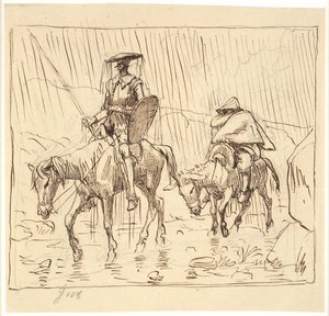 Don Quichotte et Sancho Panza chevauchent sous la pluie