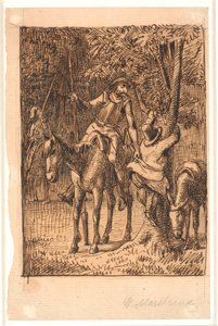 Avant le combat avec le chevalier au miroir, Don Quichotte aide Sancho Panza à monter dans un arbre - Wilhelm Marstrand
