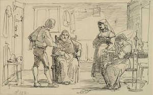 Intérieur où un jeune homme explique quelque chose à un moine assis, à droite une fille pleurant et une vieille femme - Wilhelm Marstrand