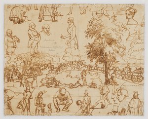 Landschaft mit Pferdewagen und zahlreichen Figurenskizzen - Wilhelm Marstrand