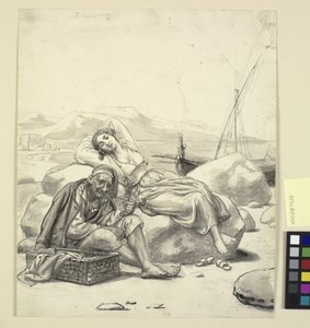 Fille endormie et vieux pêcheur sur la plage - Wilhelm Marstrand