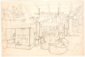 Maison paysanne suédoise avec femme cousant - Wilhelm Marstrand