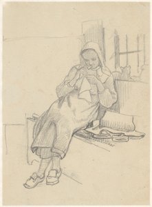 Jeune fille suédoise avec couture, assise sur un banc de fenêtre - Wilhelm Marstrand
