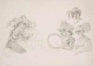 Femmes romaines jouant du tambourin avec des chapeaux à plumes hautes - Wilhelm Marstrand