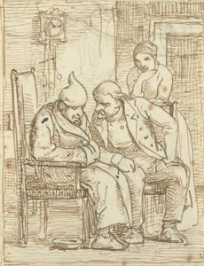 Deux hommes en conversation, le vieil homme à gauche avec un bonnet de nuit. Aussi une femme - Wilhelm Marstrand