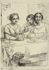 Trois filles à une table, un chien sous la table