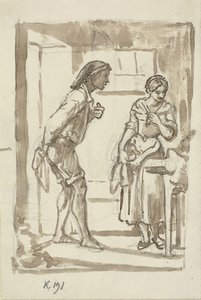 Jeune pêcheur entrant par la porte vers une jeune fille