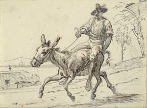 Jeune homme chevauchant un âne