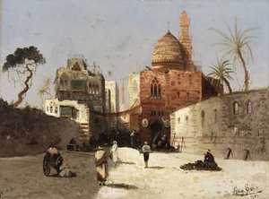 Scène de rue orientale avec mosquée, minaret et marchands sur une place. - Wilhelm Sohn