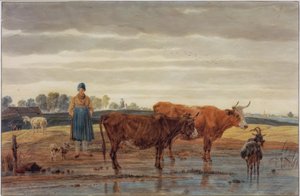 Paysanne avec bétail près de l
