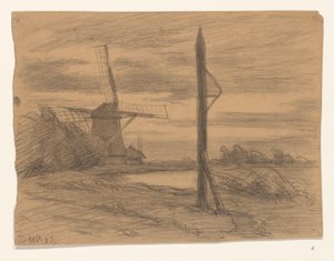 Paysage avec poteau et moulin à vent - Wilhelmus Johannes Steenhoff