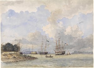 Maas devant Rotterdam, avec un navire américain et suédois - Willem Anthonie van Deventer