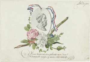 Vignette avec fleurs, médaillon de portrait et ruban