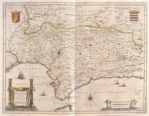 Andalousie et ville de Séville, détroit de Gibraltar, dans "Theatrum Orbis Terrarum, sive Atlas Novus" de Willem Blaeu, Amsterdam