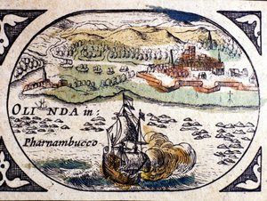Brésil, vue de Pernambuc (Recife), Atlas de W. G. Blaeu, Amsterdam 1600. - Willem Blaeu