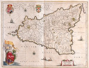 Île de Sicile, Italie, dans le "Theatrum Orbis Terrarum, sive Atlas Novus" de Willem Blaeu, Amsterdam