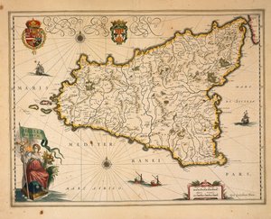 Carte de la Sicile, par Willem Blaeu, du Regionum Italiae, gravure