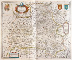 Saragosse, Valence, Alicante, Carthagène, Madrid, Cordoue, Séville, Salamanque, Palencia, Ségovie, Tolède, Cuenca, Grenade, dans le "Theatrum Orbis Terrarum, sive Atlas Novus" de Willem Blaeu, Amsterdam.