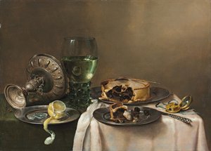 Nature morte avec un roemer, une tazza en argent renversée, un citron à moitié pelé sur une assiette en étain, avec une tarte, une horloge et un couteau, 1631 - Willem Claesz. Heda