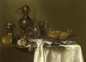 Nature morte : étain, vases en argent et un crabe