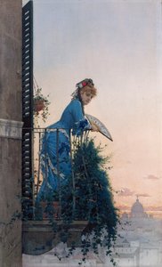 Une beauté élégante sur un balcon regardant Rome, avec le dôme de Saint-Pierre au loin - Willem Johannes Martens