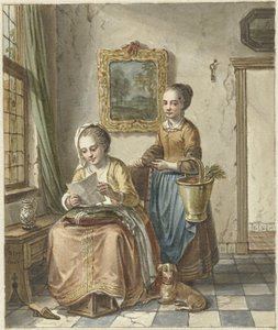 Femme assise avec une servante, lisant une lettre