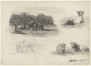 Quatre esquisses de charrettes de foin et de vaches - Willem Maris