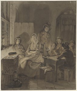 Intérieur avec groupe de personnes autour d