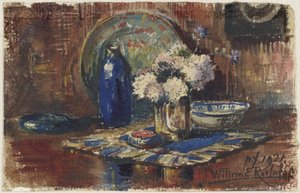 Nature morte avec bouteille bleue et vase avec fleurs