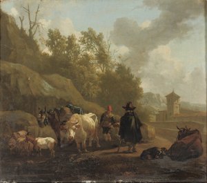 Un vacher et du bétail dans un paysage italianisant