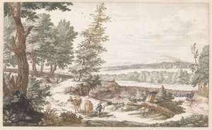 Paysage avec des ânes sur un chemin - Willem Swidde