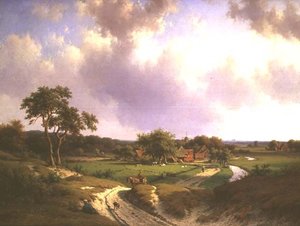 Paysage étendu avec une ferme et des paysans sur un chemin