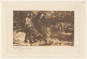 Trois femmes sur un pont sous la pluie et le vent - Willem Witsen (signed by artist)