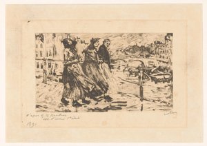 Trois femmes sur un pont sous le vent et la pluie - Willem Witsen (signed by artist)