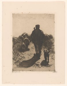 Berger avec chien derrière son troupeau