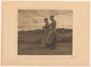 Deux tricoteuses debout dans un paysage à Ede - Willem Witsen (signed by artist)