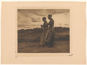 Deux tricoteuses debout dans un paysage à Ede - Willem Witsen (signed by artist)