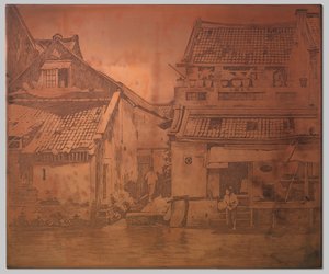 Batavia. Maisons au bord de la rivière, blanchisseuse sur les marches d