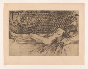Jeune femme nue allongée sur un banc
