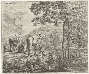 Paysage avec une mule et des chèvres