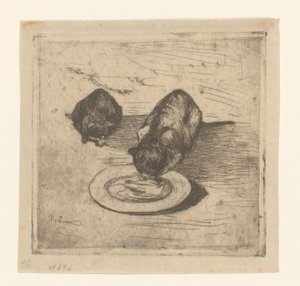 Deux chats, un buvant dans une assiette