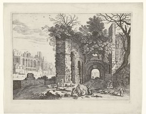 Famille reposant devant une ruine (Paysages italiens, titre de la série) - Willem van Nieulandt (II)
