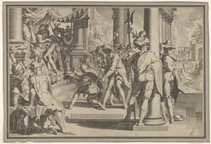 Allégorie de la Justice et de la Sainteté de la Loi avec une scène de tribunal représentant un homme gracié, 1605 - Willem van Swanenburg