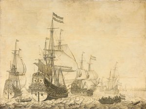 Paysage marin avec les navires de guerre néerlandais, y compris le Drenthe et le Prince Frédéric-Henri - Willem van de Velde (I)