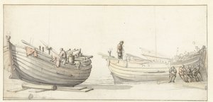 Étude de deux bateaux de pêche avec des figures
