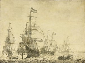 Paysage marin avec des navires de guerre néerlandais, y compris le Drenthe et le Prince Frederick-Henry, vers 1670 - Willem van de Velde