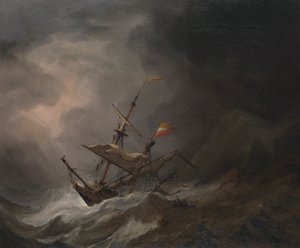 Une brigantine méditerranéenne dérivant vers une côte rocheuse lors d