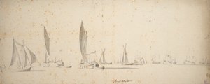 Une tochtschuit, wijdschips et waterschips par une légère brise, c.1664 - Willem van de the Elder Velde